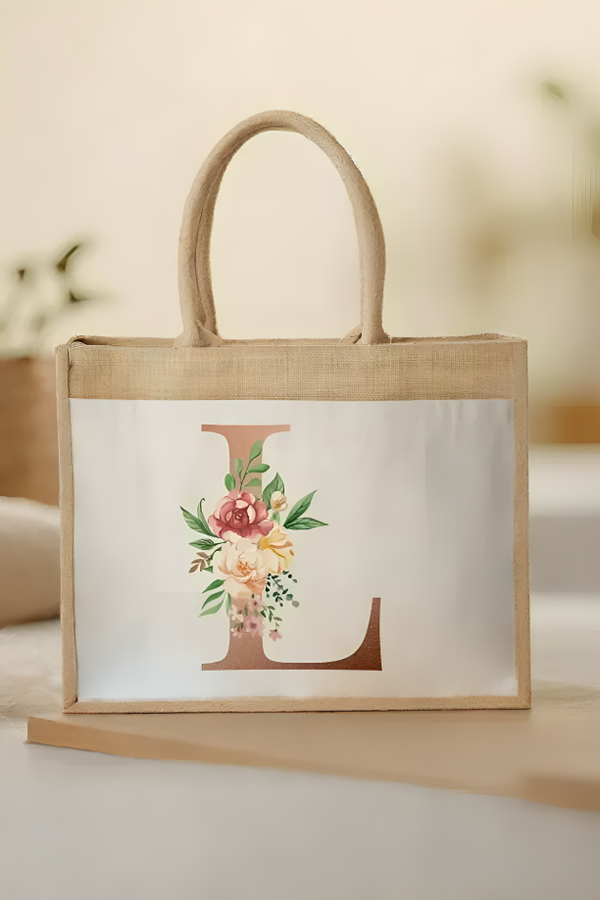 Jutetasche mit Blumen Initial